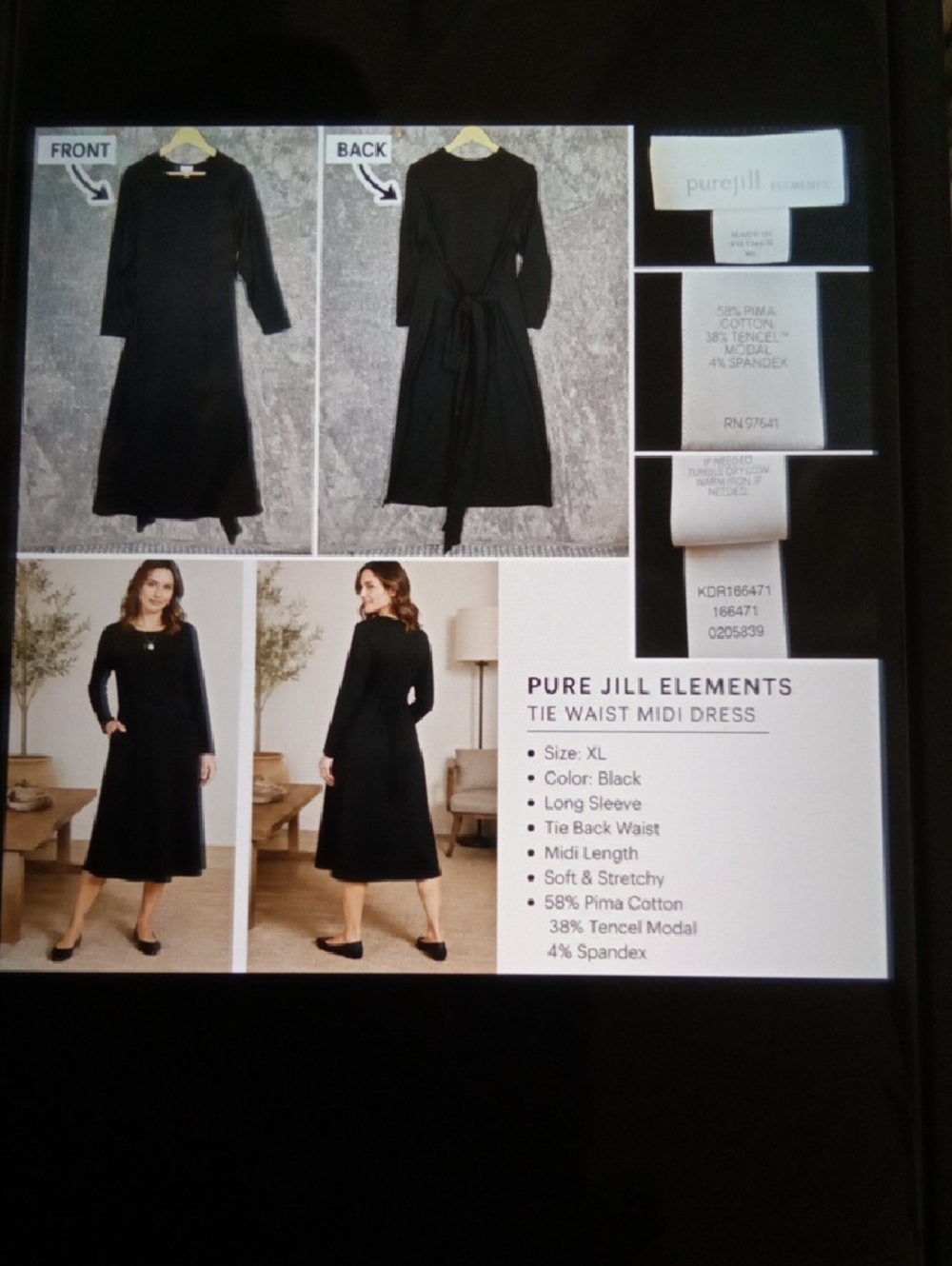 Pure J Jill Elements Knit Maxi Black Dress Pima Cotton Blend Tie Waist Womens XL